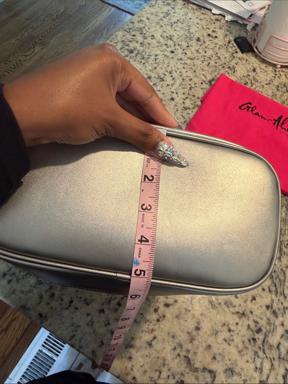 Glam-Aholic Monogram Metallic Silver Embossed Drawstring Bucket Shoulder Bag - Picture 5 of 15